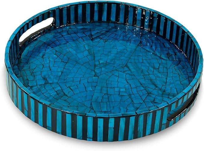CLAYNIX Serving Tray 12.5 Inch, Lacquer Mother of Pearl Inlay Mosaic Tray, Round Wooden Marble Tray with Handles Trays for Tea, Breakfast (Dark Blue)