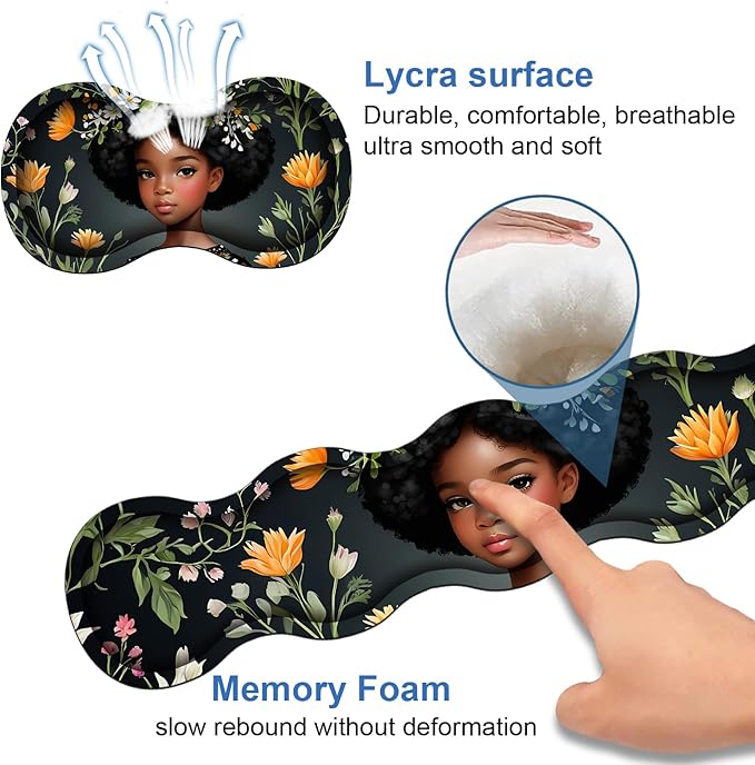 4 in 1 Ergonomic Memory Foam Mouse Pad Wrist Rest Set, Large XXL Gaming Desk Pad + Keyboard Wrist Rest + Mouse Wrist Cushion + Coaster for Home Office Study Gaming, African American Black Girl