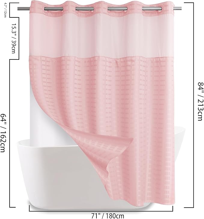 Extra Long No Hook Shower Curtain with Snap in Liner Set, Hotel Luxury Pink Shower Curtains for Bathroom with See Through Top Window, Waterproof, Washable 71W x 84H