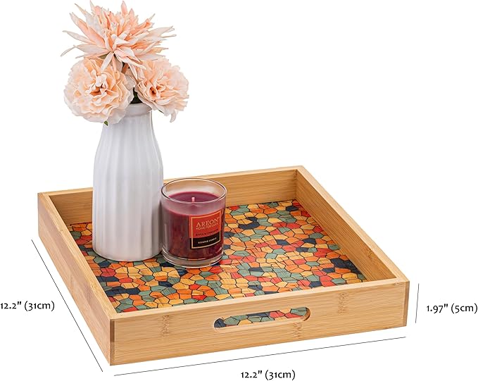 PEMAR 12.2" Square Bamboo Art Decor Tray with Handle, Food Drink Serving Tray for Breakfast Lap Bed Eating. Pattern Printed on Bamboo. Decorative Catchall Coffee Table Entryway Nightstand (Mosaic)