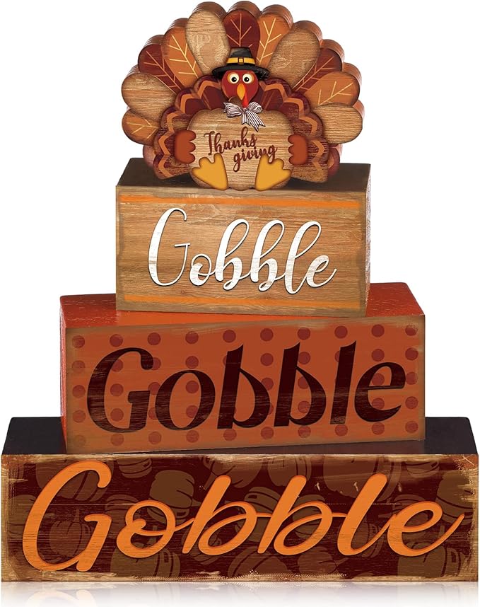4 Pcs Thanksgiving Decor for Home Cute Turkey Wooden Signs with Sayings Thanksgiving Fall Tiered Tray Decor Turkey Tabletop Centerpiece Gobble Block Signs for Office Kitchen Shelf