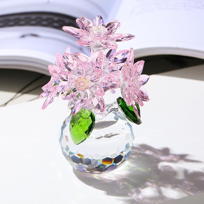 Enjinkail Handmade Crystal Daisy Figurine - Pink Glass Flowers Gifts for Women, Elegant Home Decor & Table Centerpiece