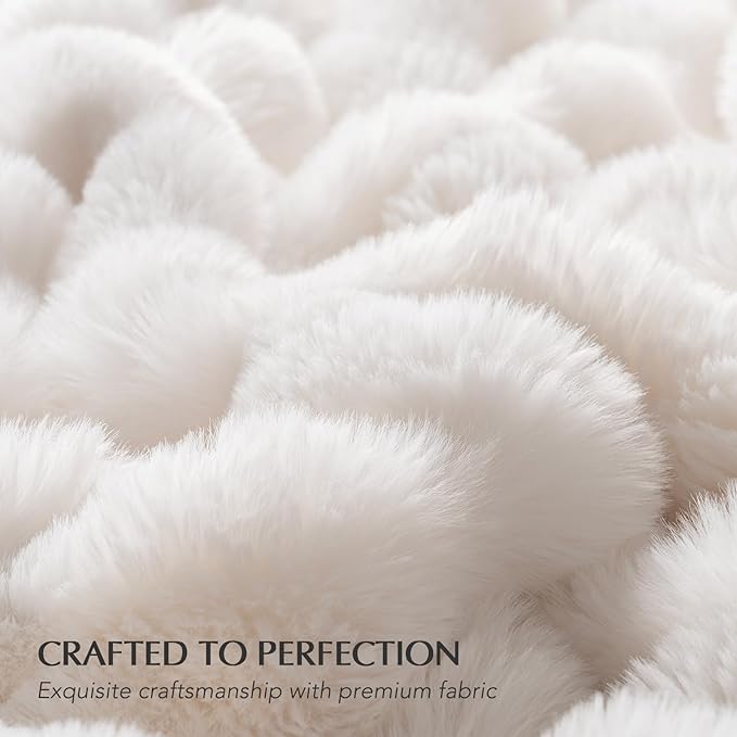 EverGrace Ultra Soft Luxury Fluffy Faux Rabbit Fur Throw Blanket, Thick Warm Bubble Throw for Bed, Cozy Plush Reversible Blankets for Couch, Chair, Sofa, Ivory White, 60x80 Inches