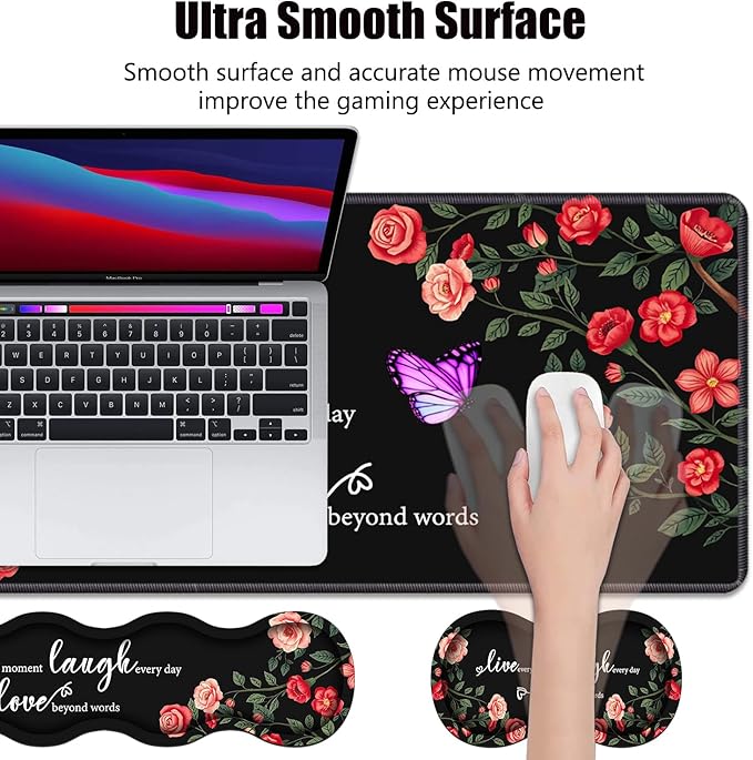4 in 1 Ergonomic Memory Foam Mouse Pad Wrist Rest Set, Large XXL Gaming Desk Pad + Keyboard Wrist Rest + Mouse Wrist Cushion + Coaster for Home Office Study Gaming, Floral Quotes Live Laugh Love