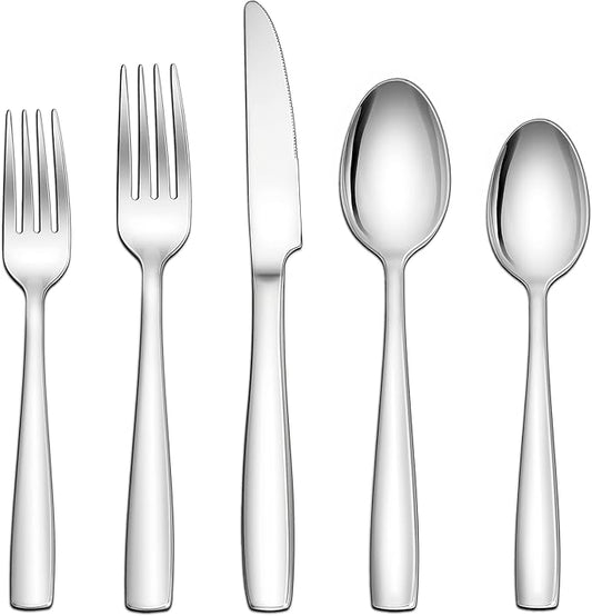 Herogo 18/10 Stainless Steel Silverware Set, 60-Piece Fancy Flatware Cutlery Set for 12, Modern Eating Utensils Tableware for Home Restaurant Wedding, Mirror Polished, Dishwasher Safe