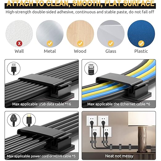 50Pcs Self Adhesive Cable Management Clips,Cable Organizers Wire Clips Cord Holder for PC Laptop Ethernet Cable Desktop Home Office(1.52’’ x 0.59’’ x 0.57’’, Black)