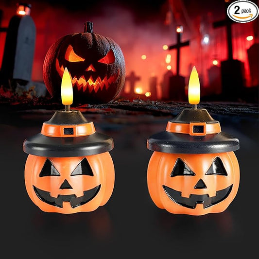 Homemory Real Wax Pumpkin Candles, 2 Pcs Flickering Flameless Candles with 6hrs Timer, LED Halloween Pumpkin Lamp, Battery Operated Lights for Home Halloween Decor, Theme Party, Orange