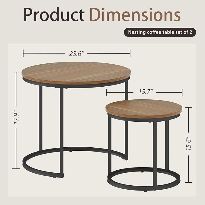 Nesting Tables Set of 2, Round Coffee Table, Small Nesting Coffee Table with Adjustable Non-Slip Fee, Wood Grain Top Nesting Tables for Living Room, Bedroom (Wood Grain Brown)