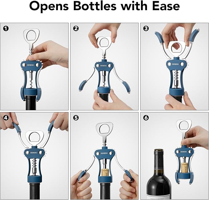Beneno Wine Opener, Zinc Alloy Premium Wing Corkscrew with Multifunctional Bottles Opener, Sharp Wine Corkscrew with Ergonomic Non-Slip Wing Handle, Blue