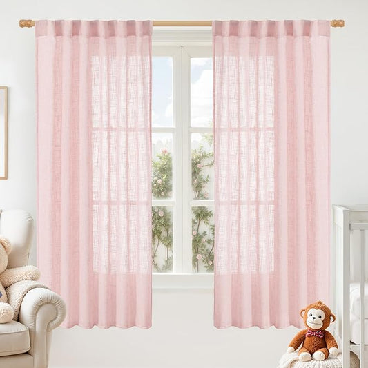LAMIT Sheer Linen Curtains 63 Inch for Girls Bedroom, Light Filtering Neutral Semi Sheer Farmhouse Boho Curtains Back Tab and Rod Pocket Living Room Panels, Pink, 2 Panels, 52 x 63 Inch