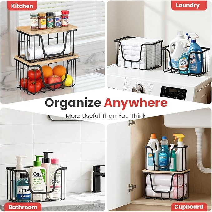 KONE Trash Bag Holder, 2 Pack Garbage Bag Dispenser, Storage Stackable Kitchen Organizer with Bamboo Top, Wall Mount Laundry Pantry Organization Black