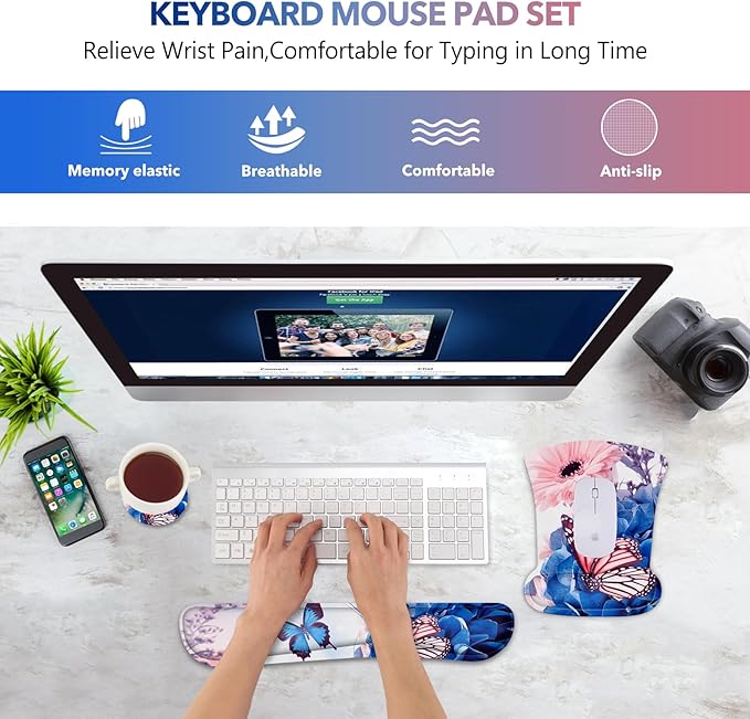 AIMSA Wrist Rest Support Mouse Pad Ergonomic, Memory Foam Keyboard Wrist Rest Set Non-Slip Easy Typing and Relieve Wrist Pain Mouse Mat for Computer Office -Butterfly Flower