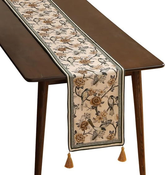 ISAENNE Designer Vintage Beige Linen Table Runner 87 Inches Long,Elegant Floral and Bird Pattern Decor Table Runners for Dining Tables,Thanksgiving,Christmas,Banquet,Party,12"*87"-Murad A