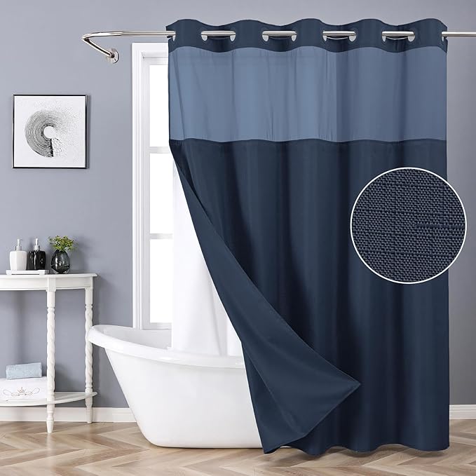 No Hook Shower Curtain with Snap-in Fabric Liner Set,Slub Textured Fabric Shower Curtains for Bathroom,Hotel Style Modern Shower Curtain,Water Repellent & Washable,71x74(72),Navy Blue