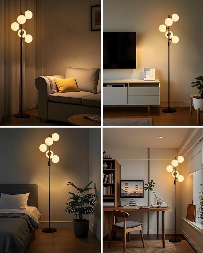 Lightdot 5-Globe Dimmable Globe Floor Lamp Black Retro Standing Lamps with 5Pcs 3000K G9 Bulbs Stepless Brightness Adjustable Mid Century Modern Floor Lamp with Stable Base for Living Room/Office