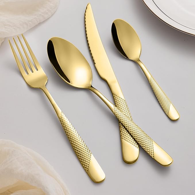 24-Piece Golden Hammered Silverware Set, Food-Grade Stainless Steel Flatware Service for 6, Modern Cutlery Utensil Set with Forks Knives Spoons, Mirror Polished, Dishwasher Safe for Kitchen Dining