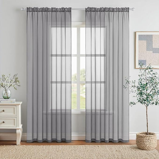 MIULEE 2 Panels Solid Color Sheer Window Curtains Elegant Window Voile Panels/Drapes/Treatment for Bedroom Living Room (54X45 Inches Charcoal Grey)