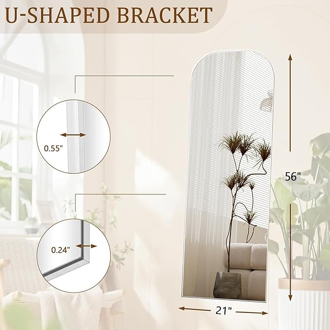 Koonmi Full Length Mirror, 56"x21" Mirror Full Length with Stand, Silver Domed Top Square-Edged Floor Mirror with Aluminum Alloy Frame for Bedroom Living Room