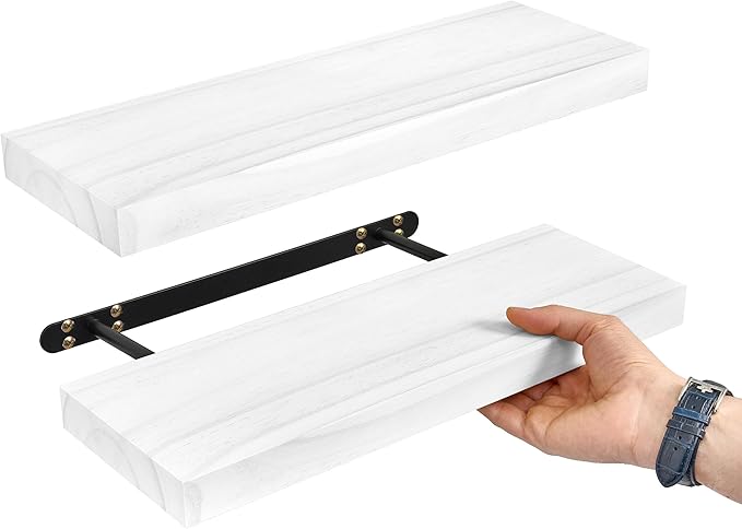 Sorbus Wood Floating Shelves for Wall - 16” Solid Wood Wall Shelves for Bathroom Decor, Books, Bedroom & Living Room - Set of 2 White Wall Mounted Kitchen Shelves - Durable Solid Pine