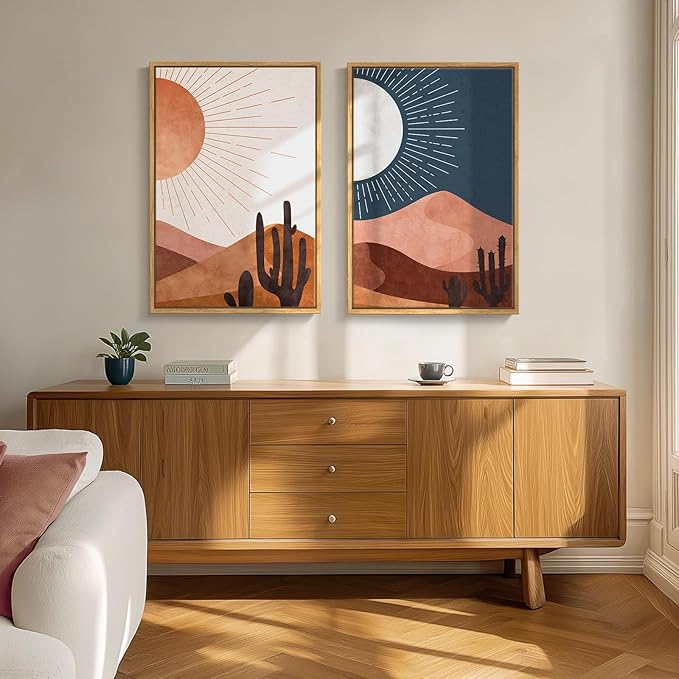 Framed Boho Desert Wall Art for Room Decor, Set of 2 Sun and Moon Cactus Landscape Artwork, Mid Century Modern Bohemian Paintings Prints for Living Room Bedroom Office Hallway Wall Decor, 20x30 Inch