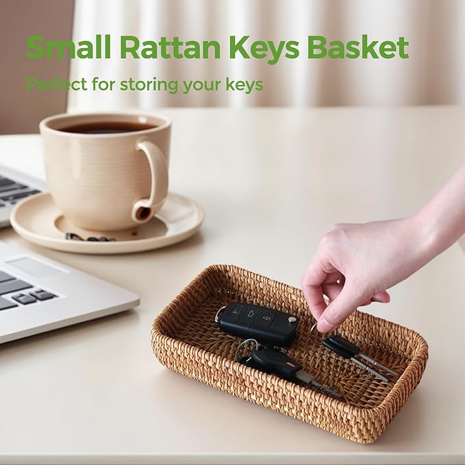 Small Rattan Serving Tray, Natural Wicker Decorative Tray Handwoven for Keys Trinkets Rings Cosmetics, Decorative Jewelry Perfume Tray for Coffee Table Entryway Living Room(8.2" × 4.3")