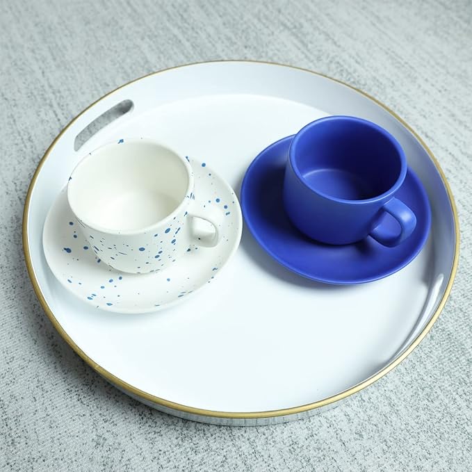 Spsyrine Round White Decorative Tray, 13" Plastic Serving Table Tray with Handles for Breakfast, Round Modern Ottoman Tray for Coffee Table, Bathroom, Kitchen, Living Room