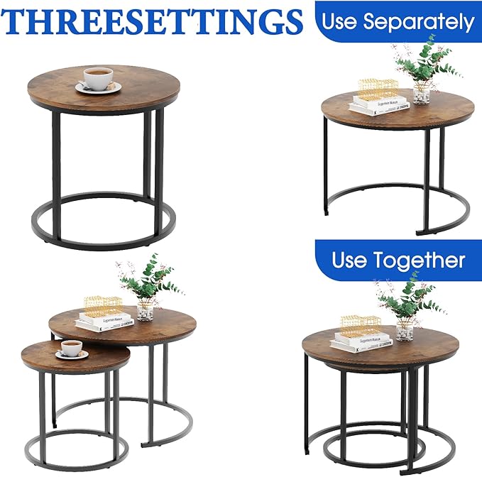 aboxoo Coffee Table Nesting Round Table Set of 2 Side Table with Sturdy Metal Frame for Living Room Bedroom Apartment Modern Industrial Simple Nightstand,Rustic Brown