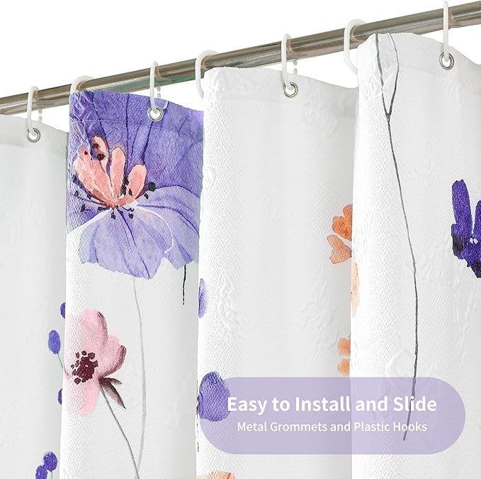 QIYI 3D Embossed Butterflies Blue Purple Flower Shower Curtain, Minimalist White Cloth Textured Waterproof Fabric Set with Hooks, 72x72