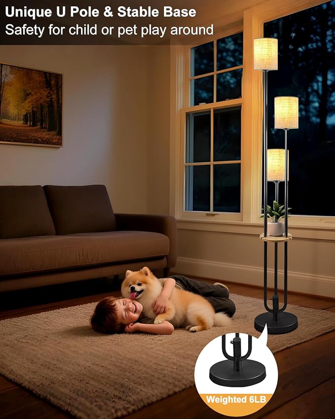 63IN Dimmable Floor Lamp with Shelf, Unique Black Tall Standing Lamps with Table, 3000K Warmwhite Mid Century Modern Floor Lamp for Living Room/Bedroom (Bulbs Included)