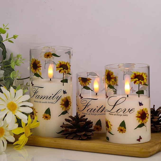 DRomance Sunflower Glass Flameless Candles Battery Operated with Remote and Timer LED Flickering Pillar Candles Real Wax 3D Wick Dinner Holiday Decor 3 x 4, 5, 6 Inches