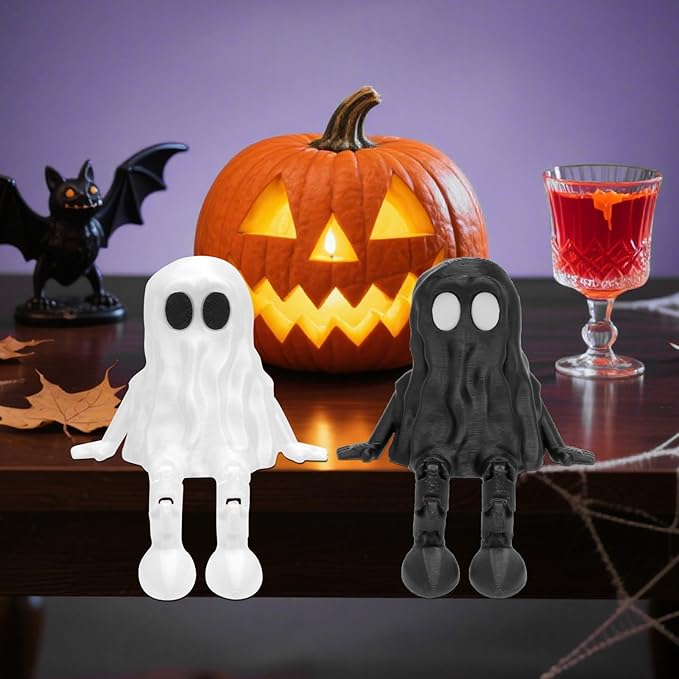 4Pcs Halloween Decorations,Ghost Decor Shelf Sitter Decorations, Outdoor,3D Printed Resin Statue, Joint Movable Figurines Bookshelf/Desk Centerpiece Shelf & Mantel Display for Halloween