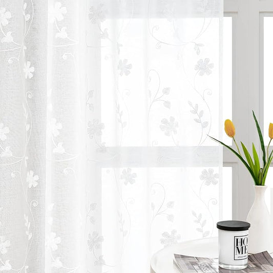 HOMEIDEAS White Sheer Curtains 96 Inches Long 2 Panels White Embroidered Floral Pattern Semi Sheer Window Curtains for Bedroom Living Room