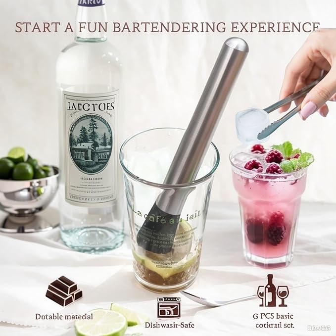 Muddler for Cocktails,10" Bar Spoon & Ice Tongs with Serrated Tip, 3Pcs Stainless Steel Bar Tools Set for Mojitos, Lemonade, Fruit Drinks, Home Party Bar Accessories