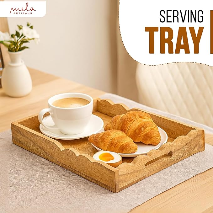 Mela Artisans Wooden Serving Tray with Handles | 15x10x1.75 inch | Mango Wood Decorative Tray| Ottoman Tray | Snacks | Desserts | Breads | Coffee Table | Bedroom | Scalloped Design