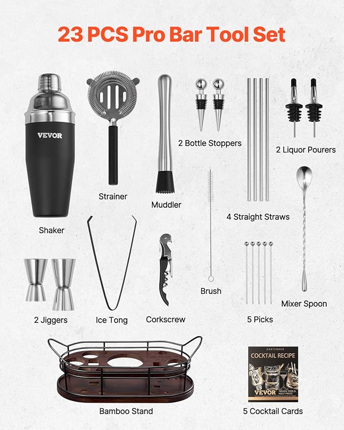VEVOR Cocktail Shaker Set, 23-Piece Stainless Steel Bar Tools with Bamboo Stand, Martini Bartender Kit Accessories | Mixer Spoon, Muddler, Jiggers, Strainer, Liquor Pourers, Ice Tong, Corkscrew