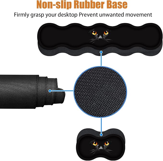 4 in 1 Ergonomic Keyboard Wrist Rest & Mouse Pad Wrist Rest Set, Large XXL Gaming Desk Mat 31.5"x 11.8" with Non-Slip Base, Memory Foam for Home Office Study Gaming, Black Cat Face