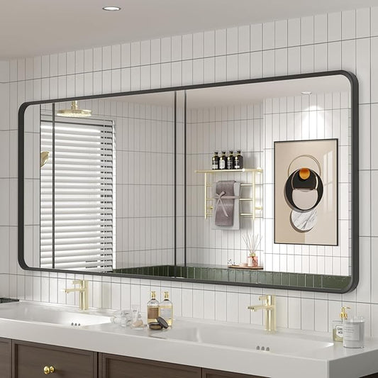 OKPAL 60X28 Inch Black Metal Framed Bathroom Mirror for Wall, Matte Black Bathroom Vanity Mirror, Large Rounded Rectangle Modern Mirror, Rustproof, Shatterproof (Horizontal/Vertical)
