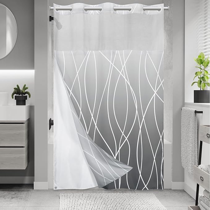 No Hook Ombre Grey Striped Stall Shower Curtain with Snap in Liner Set - Hotel Shower Curtain and Liner Set with See Through Mesh Top Window,Machine Washable, 54x80 INCH