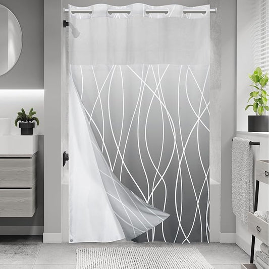 No Hook Ombre Grey Striped Stall Shower Curtain with Snap in Liner Set - Hotel Shower Curtain and Liner Set with See Through Mesh Top Window,Machine Washable, 54x80 INCH