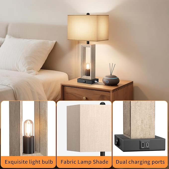Table Lamps for Living Room,Modern Farmhouse Decor Lamps with USB A+C Port & Nightlight,25" Rustic 3-Way Dimmable Bedside Lamps,Oat Shade Touch Nightstand Lamp for Bedroom,2 LED Bulbs