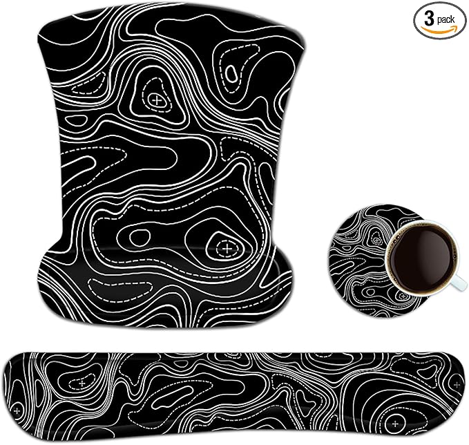 AIMSA Mouse Pad Wrist Support Set Keyboard Wrist Rest, Ergonomic Memory Foam Non-Slip Base Easy Typing Pain Relieve for Computer Laptop Home Office, Black Topographic