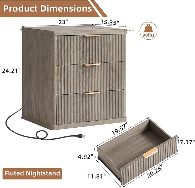LEYAOYAO 23" Wide Fluted Night Stand with Charging Station,3 Drawers Large End Table with Storage,Grey Nightstand Wood Bedside Tables, Farmhouse Cabinet Dresser for Bedroom,Closet