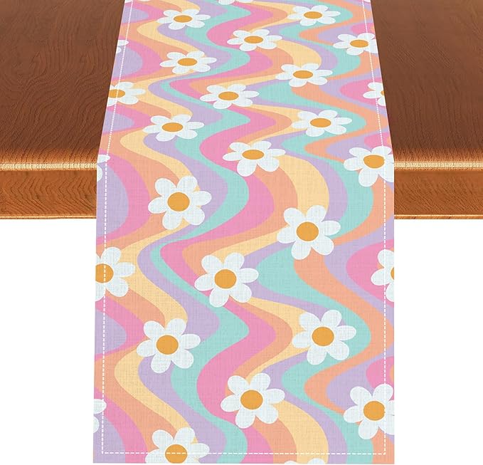 Retro 70s Floral Table Runner, Vintage Hippie Funky 70s 60s Abstract Colorful Aesthetic Modern Farmhouse Coffee Table Center Decor for Kitchen Living Room Holiday Party Table Decorations 13x72