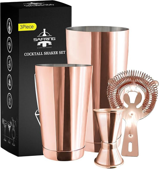 Boston Cocktail Shaker Bar Set, Weighted Boston Shaker Tins, Bartender Kit with 18oz & 28oz Mixed Drink Shaker, Hawthorne Strainer, Double Measuring Jigger - Rose Gold