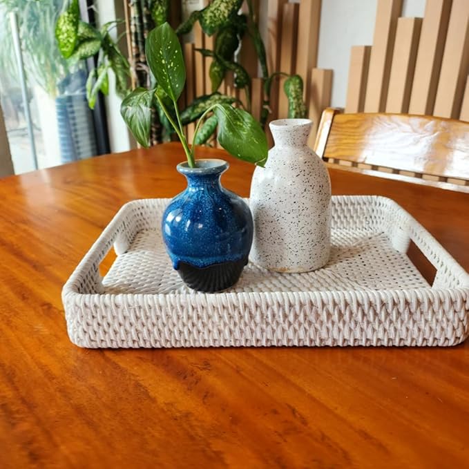 White Wash Rectangular Wicker Serving Tray | Set of 2 | Handmade Woven Rattan Storage Basket | Decorative Coffee Tabletop Tray - (L- 15.4"" x2.4 M- 13.7"" x 2"")