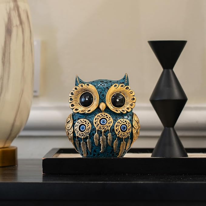 Decorative Owl Figurine, Vintage Blue and Gold Owl Statue Home Decor - Evil Eye Accent for Bookshelf, Bedroom, Living Room, Office & Table. Cute Small Animal Sculpture Gift for Birds Lovers.(Blue)