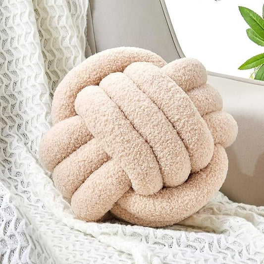 Uvvyui Knot Pillow Ball, Soft Home Decorative Pillows, Round Throw Pillow, Handmade Knotted Plush Pillow, Round Boucle Pillow Cushion (14 Inches Beige)