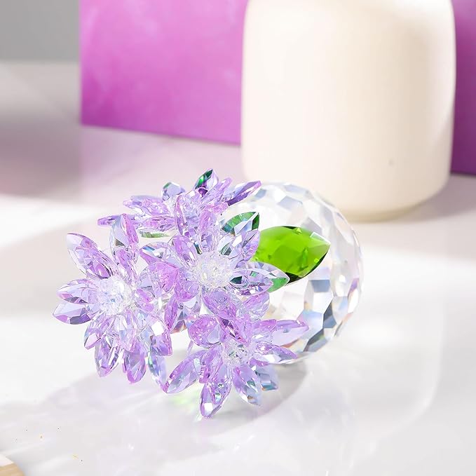 Enjinkail Handmade Crystal Daisy Figurine - Purple Glass Flowers Gifts for Women, Elegant Home Decor & Table Centerpiece