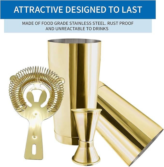 Boston Cocktail Shaker Bar Set, Weighted Boston Shaker Tins, Bartender Kit with 18oz & 28oz Mixed Drink Shaker, Hawthorne Strainer, Double Measuring Jigger - Gold