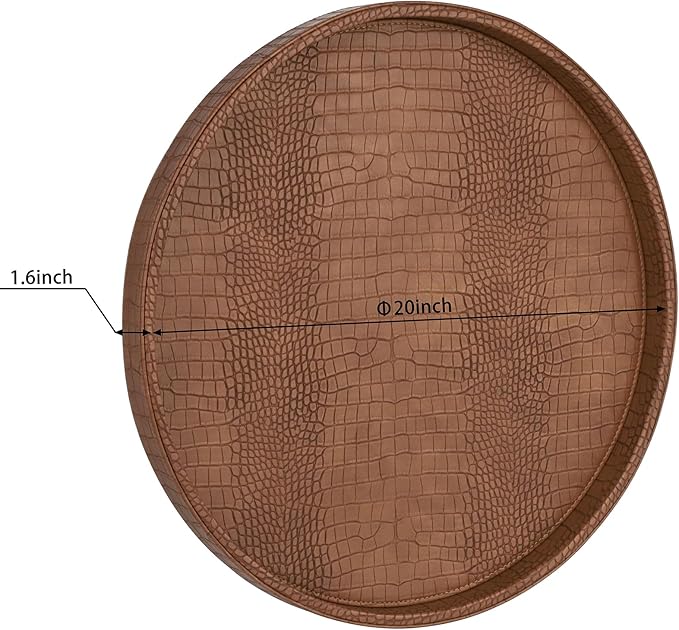 HofferRuffer Round Serving Tray 20'', Elegant Faux Leather Circle Ottoman Table Tray, Serve Tea Coffee Breakfast in Bedroom Living Room Kitchen (Brown)